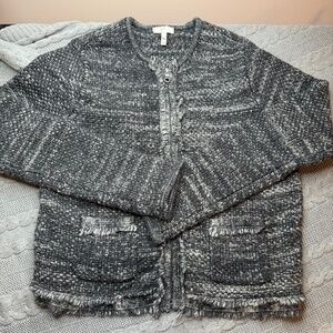 Joie Women's Small Gray Wool Blend Full Zip Sweater Fringe Trim Pockets Classic
